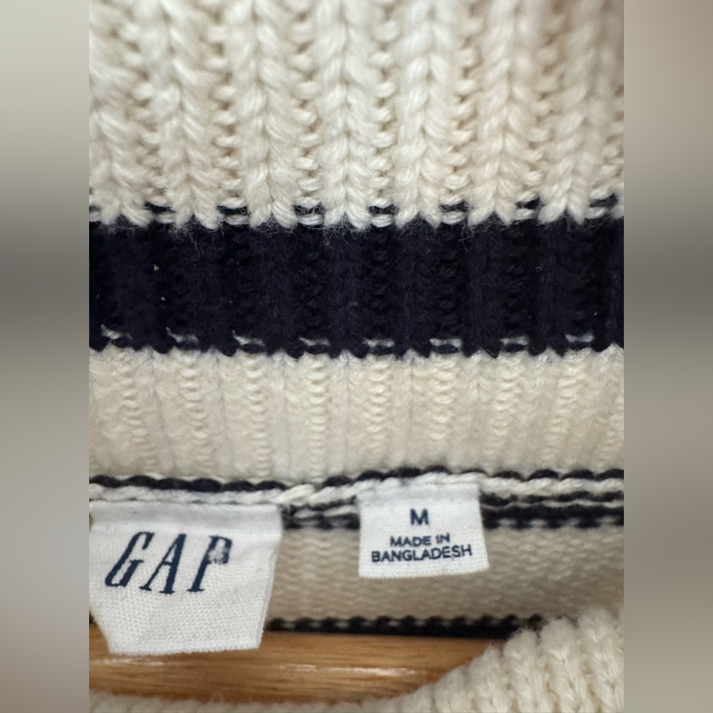 GAP 100% Cotton Shaker-Stitch Nautical Striped Turtleneck Sweater - Size M - Picture 3 of 9